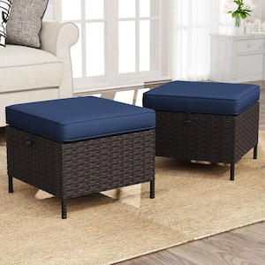 2-Piece Wicker Outdoor Patio Ottoman with Soft Zippered Blue Cushions