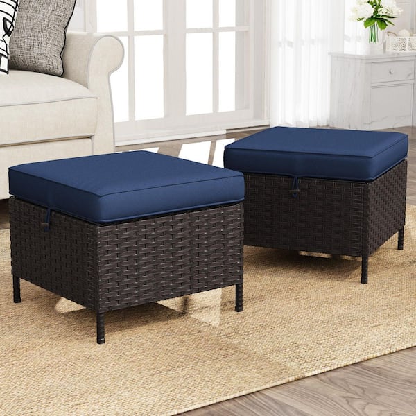 Gardenbee 2-Piece Wicker Outdoor Patio Ottoman with Soft Zippered Blue Cushions