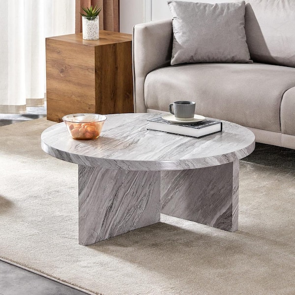 Zeus & Ruta 31.4 in. Diameter Gray MDF Round Textured Coffee Table Modern Coffee Table for Spaces, Living Room