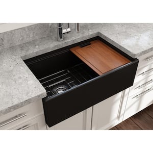 Step-Rim Matte Black Fireclay 30 in. Single Bowl Farmhouse Apron Front Workstation Kitchen Sink w/ Accessories