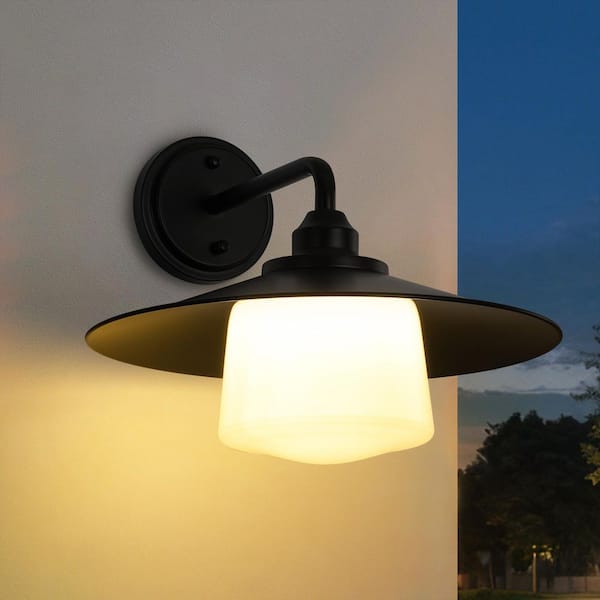 Nocta 14 in. 1-Light Matte Black Outdoor Wall Sconce with White Glass Shade