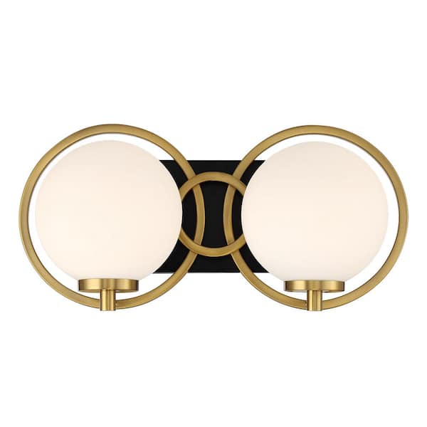 Savoy House Alhambra 16 in. 2-Light Matte Black with Warm Brass Bathroom Vanity Light with Fristed Orb Glass Shades