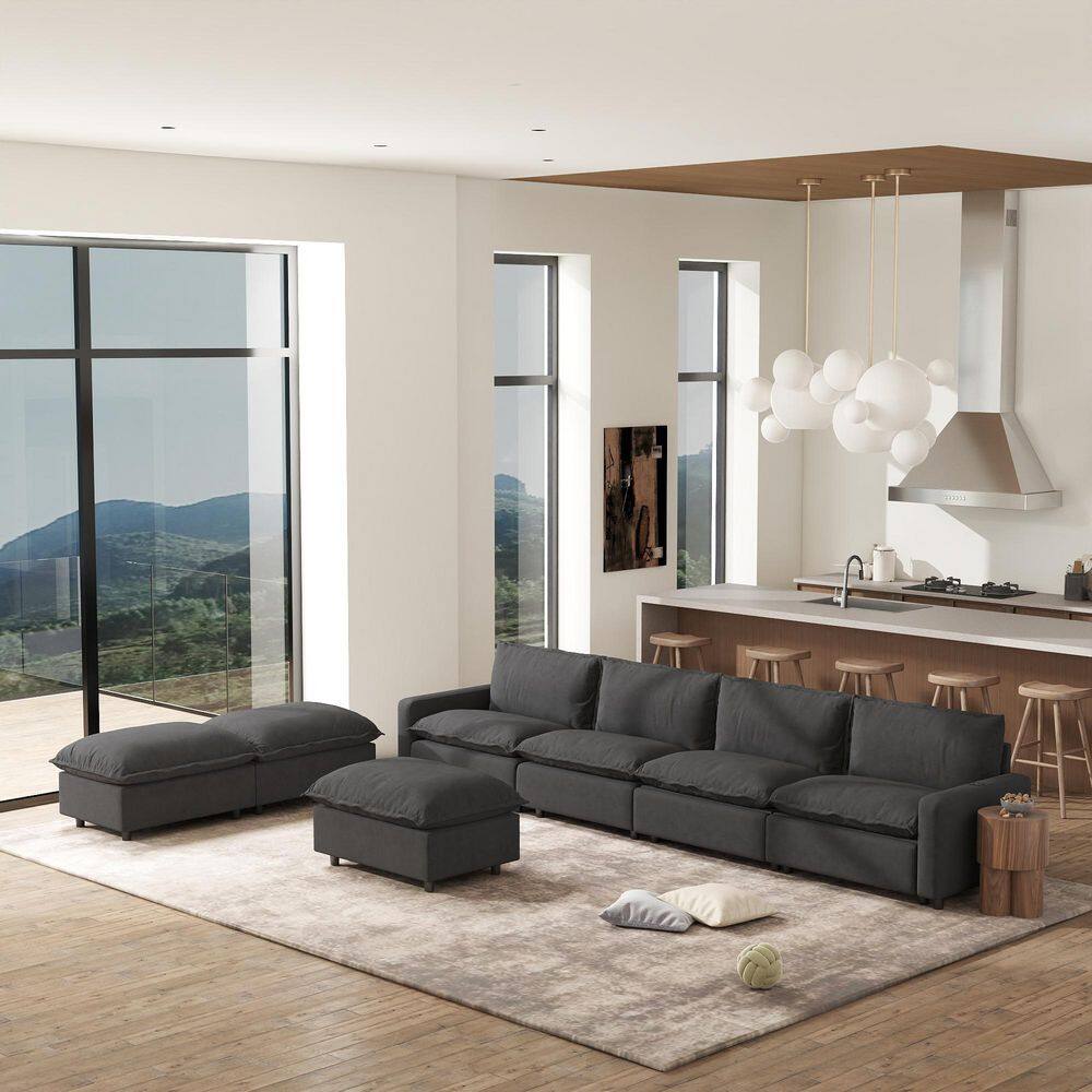 148.82 in. Square Arm 7-Piece Linen Modular Free Combination Sectional Sofa Convertible Sleeper Sofa Bed in Dark Gray
