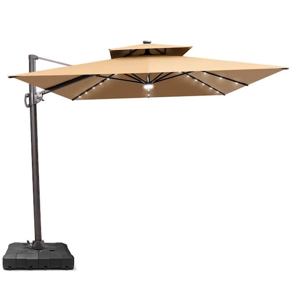 9 ft. x 11 ft. LED Rectangular Swivel Double Cantilever Tilt Patio Umbrella in Tan with 220 lb. HDPE Base