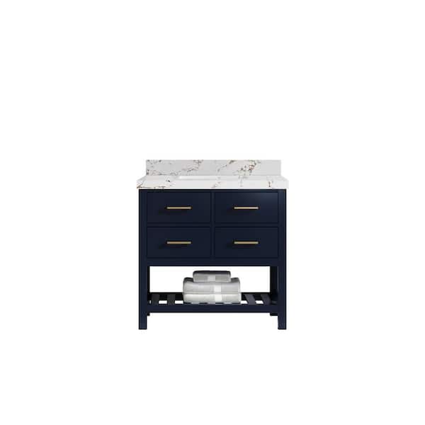 Willow Collections Parker 36 in. Single Sink Freestanding Navy Blue Bath Vanity with Viola Brown Qt. Top Unassembled