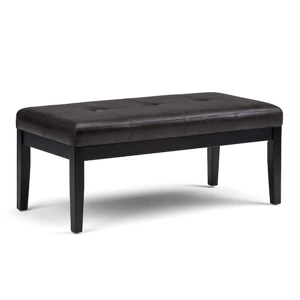 Simpli Home Lacey 41 in. Wide Contemporary Rectangle Tufted Ottoman Bench in Distressed Black Vegan Faux Leather
