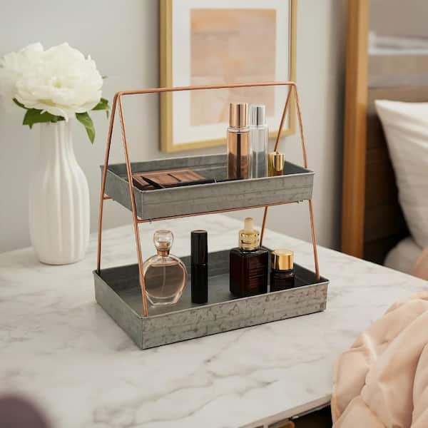 Galvanized Gray Metal 2-Tiered Rectangular Serving Tray
