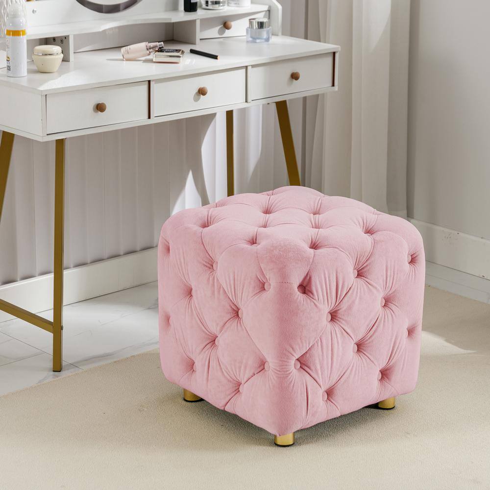 Pink Velvet Tufted Button Round Ottoman Stool