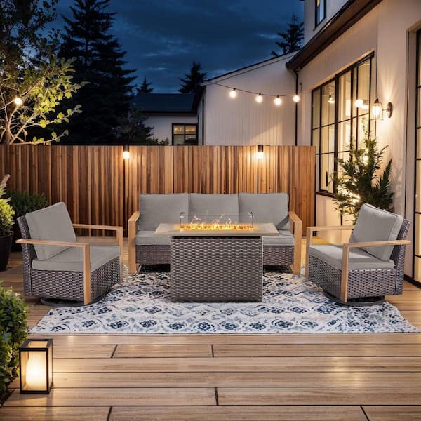 Kove Brown Wicker 4-Piece Patio Conversation Set Outdoor Sectional Seating Set with Firepit Table and Gray Cushion