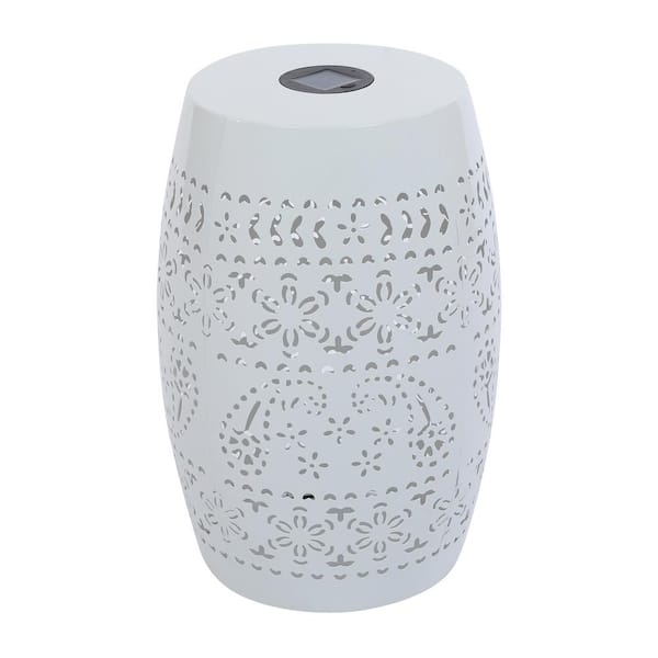 Zeus & Ruta White Round Outdoor Side Table with Solar Powered Light for Indoors and Outdoors