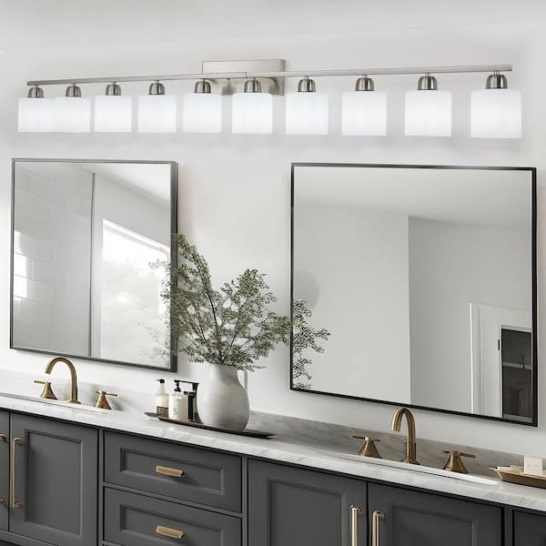 65 in. 10-Light Brushed Nickel Bathroom Vanity Light Fixture with Milky White Frosted Glass Shades, no bulbs included
