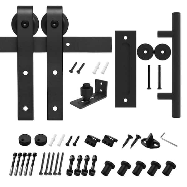 Boyel Living 8 ft./96 in. Black Steel Bent Strap Sliding Barn Door Track and Hardware Kit with 12 in. Cylinder Handle and Floor Guide