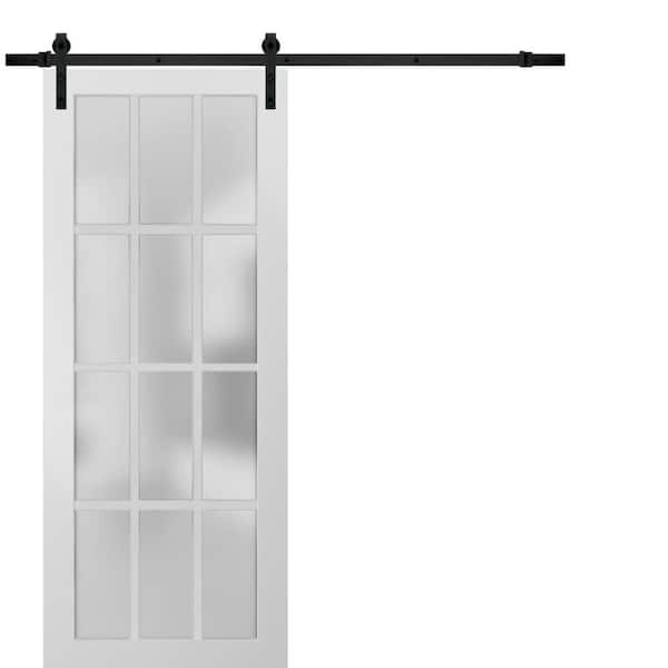 Sartodoors 18 in. x 80 in. 3/4 Lite Frosted Glass Matte White Finished Solid Wood Sliding Barn Door with Hardware Kit
