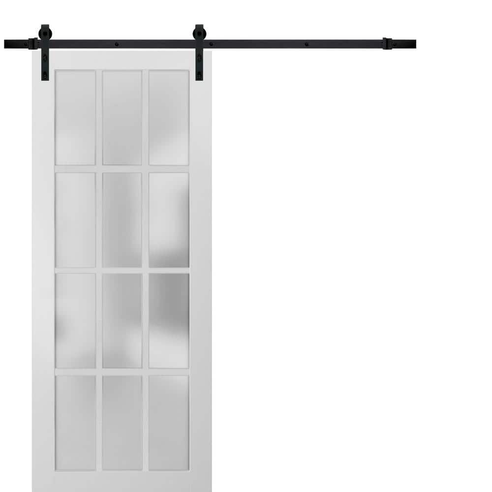 Sartodoors 32 in. x 80 in. 3/4 Lite Frosted Glass Matte White Finished Solid Wood Sliding Barn Door with Hardware Kit