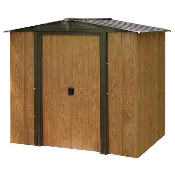 Arrow Woodlake 6 ft. W x 5 ft. D 2-Tone Wood-grain Galvanized Metal Storage Shed with Floor Frame Kit