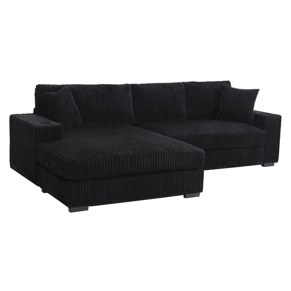 Belvyn 111.5 in. W L-Shaped Square Arm Corduroy Modular Sectional Sofa in Black with Cup Holders and Charging Ports