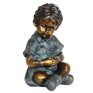 Bronze Look Boy and Puppy Statue