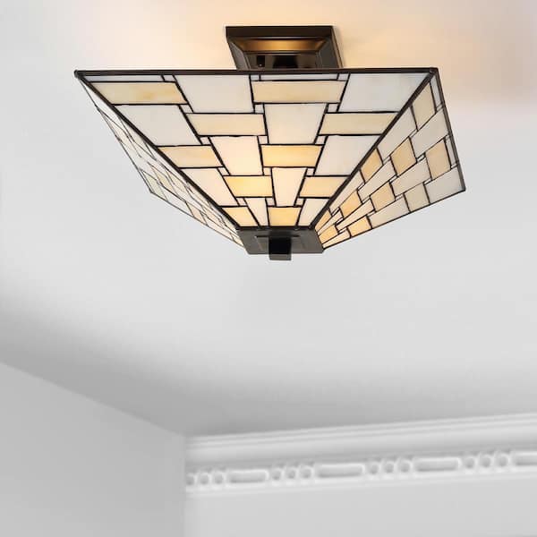 JONATHAN Y Jason 15.7 in. Tiffany-Style Glass/Metal White/Cream LED Semi-Flush Mount