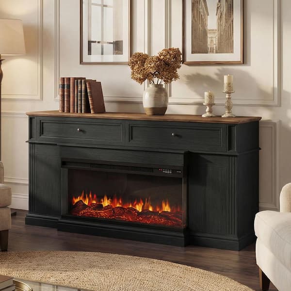 63 in. Freestanding Engineered Wood Electric Fireplace TV Stand in Black