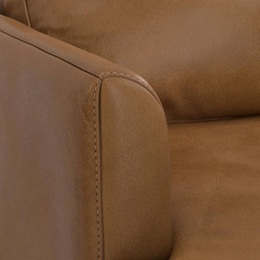Caramel Brown Genuine Leather Mid-Century Modern Sofa with Removable Cushions