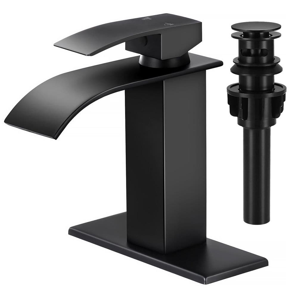 Waterfall Spout Single Handle Single Hole Bathroom Faucet with Deckplate and Pop-up Drain in Matte Black price history on PriceWatchPro