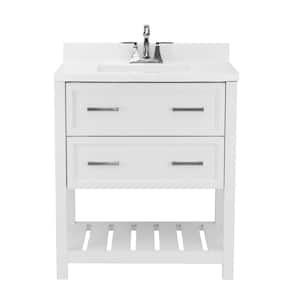 Milan 31 in. Bath Vanity in White with Cultured Marble Vanity Top w/ Backsplash in White with White Basin