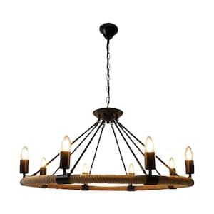 8-Light Black American Retro Rustic Hemp Rope Island Pendant Light, No Bulbs Included