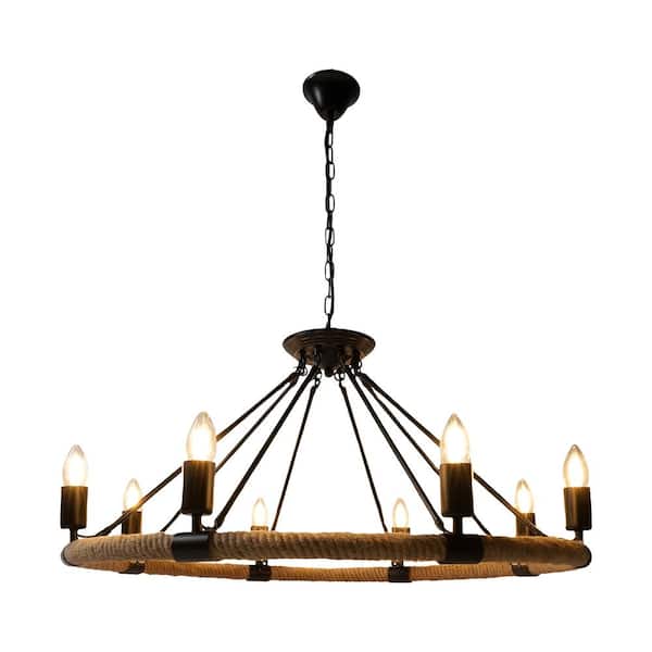 OUKANING 8-Light Black American Retro Rustic Hemp Rope Island Pendant Light, No Bulbs Included