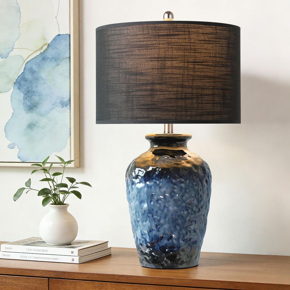 26'' Farmhouse Ceramic Table Lamp, Rustic Navy Blue Bedside Lamp with Oatmeal Linen Shade for Bedroom Living Room price history on PriceWatchPro