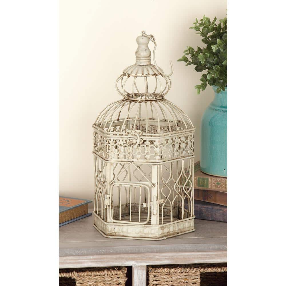Cream Metal Birdcage Set with Floral Embossed Design, 21" and 18"