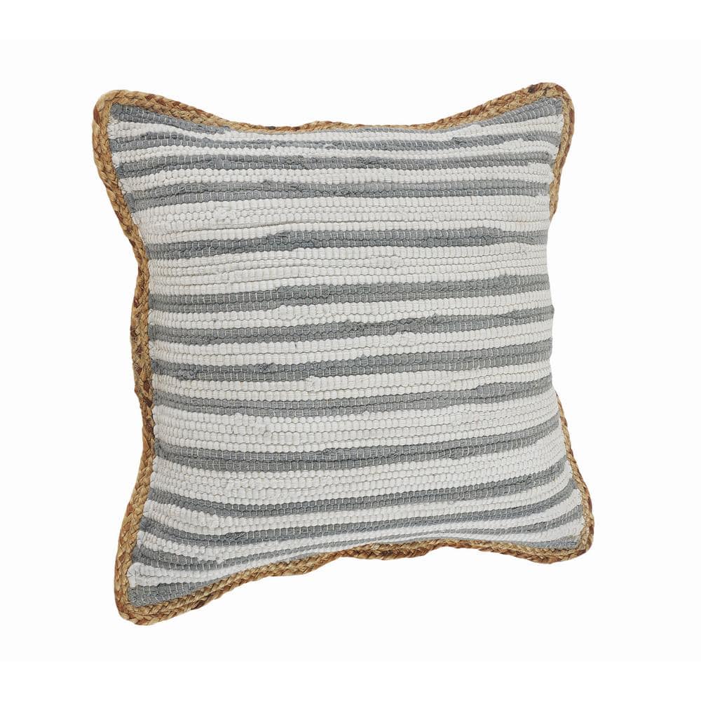 Gray and White Striped Cotton Throw Pillows with Braided Border, Set of 2