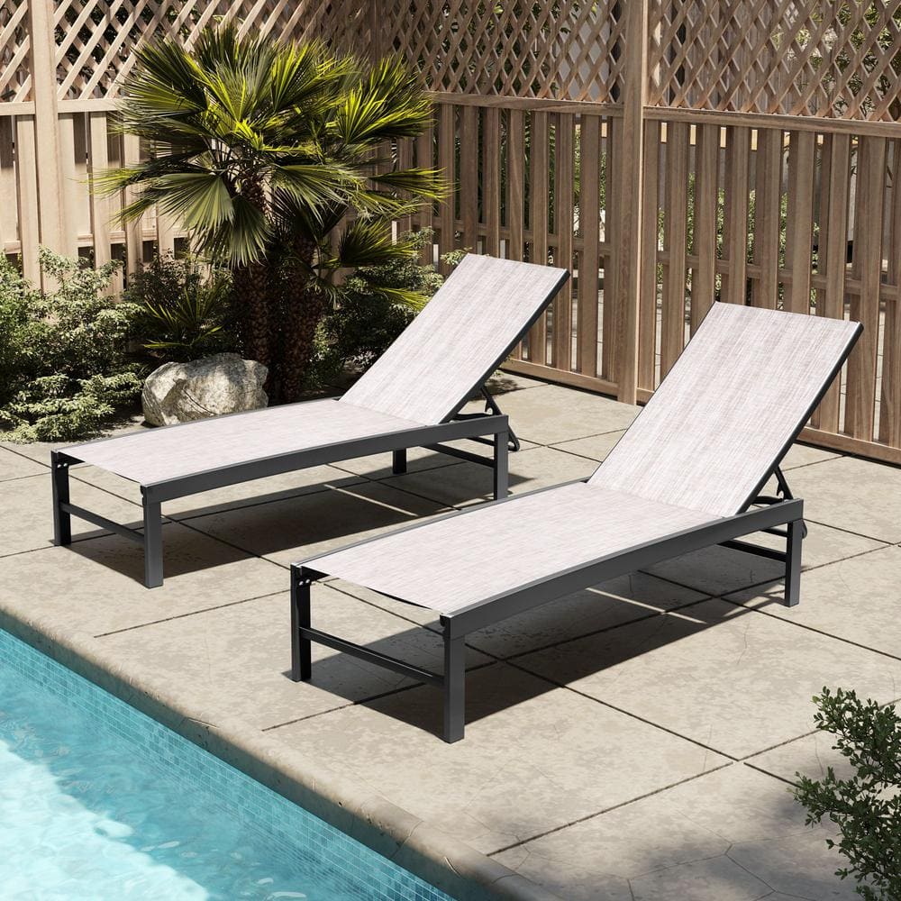 Set of 2 Adjustable Aluminum Chaise Lounge Chairs with Earth Fabric