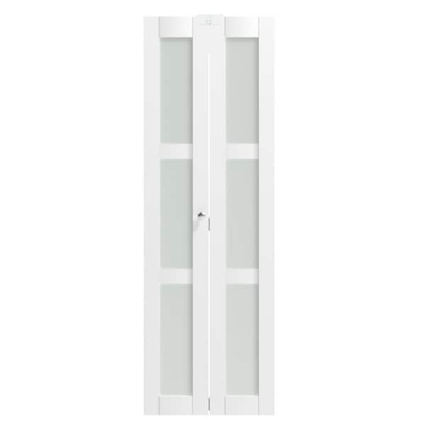 24 in. x 80 in. 3-Panel Frosted Glass Solid Core White PVC Covering MDF Bi-fold Doors with Locks and Handles