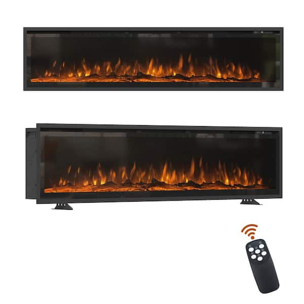 72 in. Wall Mounted Freestanding Electric Fireplace Recessed with Overheating Protection in Black