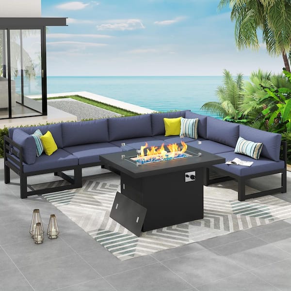 Unbranded 7-Piece Gray Aluminum Outdoor Conversation Set Deep Seating Patio Furniture with Fire Pit Table and Denim Blue Cushions