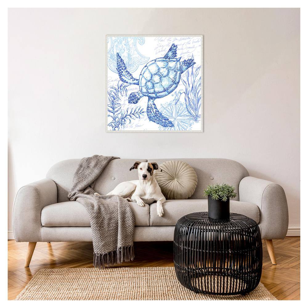 Coastal Sketchbook Turtle Blue and White Canvas Print with Floater Frame