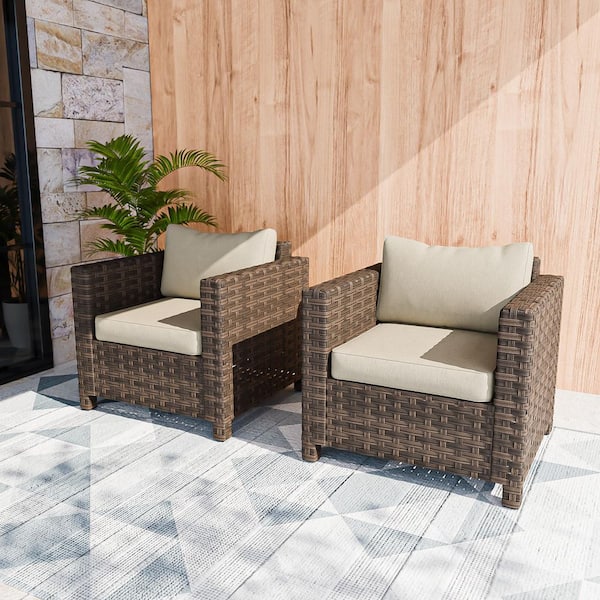 Patio Brown Wicker Outdoor Lounge Chair with Beige Cushions (2-Pack)