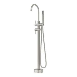 Floor Mount 2-Handle Freestanding Tub Faucet with Handheld Shower in Brushed Nickel