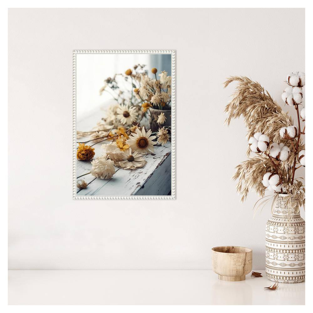 White and Yellow Beaded Frame Botanical Canvas Wall Art