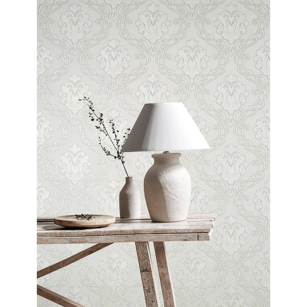 Florentine White and Pale Grey Damask Vinyl Wallpaper