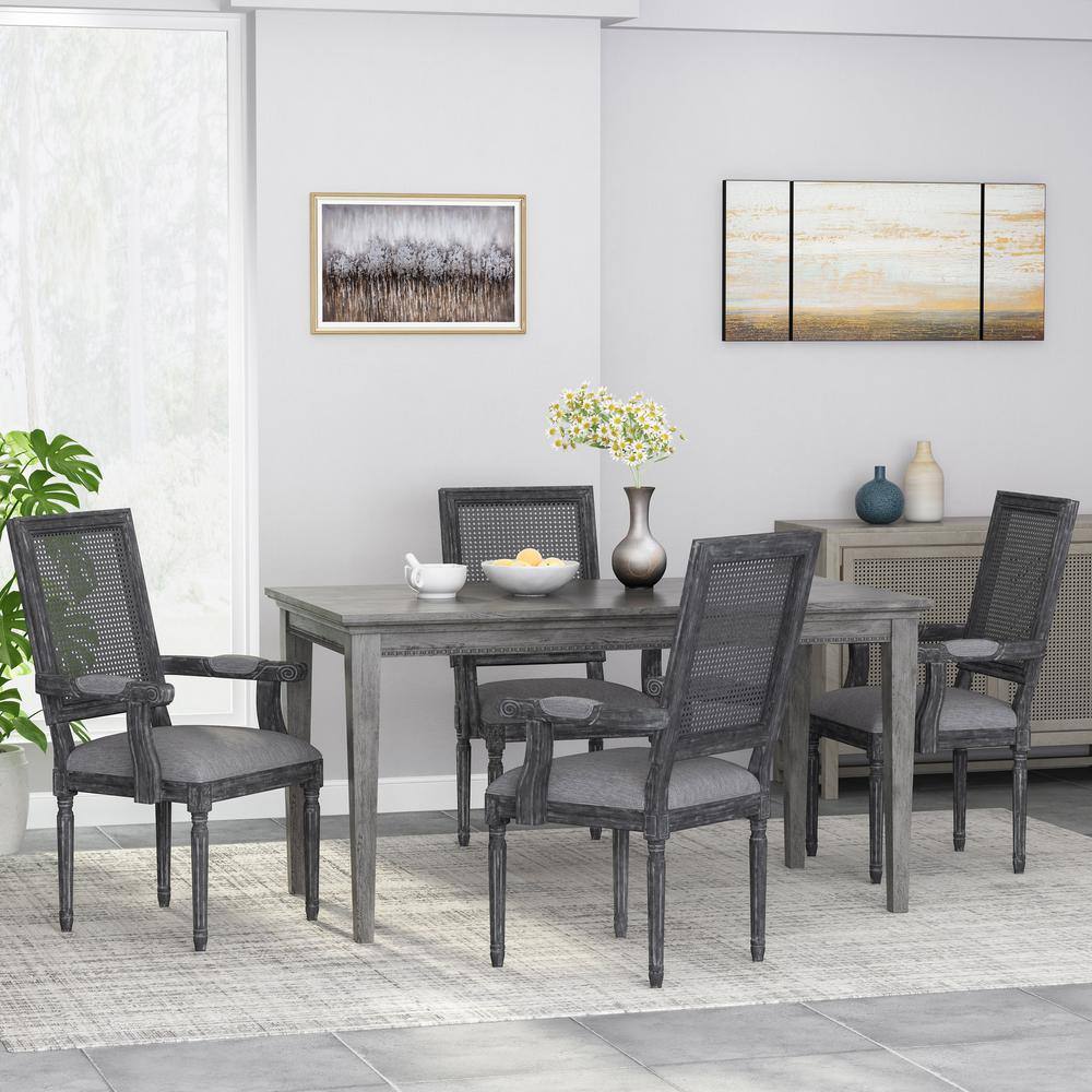 French Country Wood and Cane Gray Upholstered Arm Chair (Set of 4)
