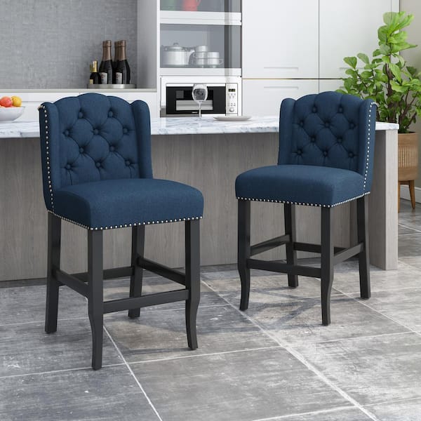 Noble House Foxcroft 40.25 in. Navy Blue Wingback Counter Stool (Set of 2)