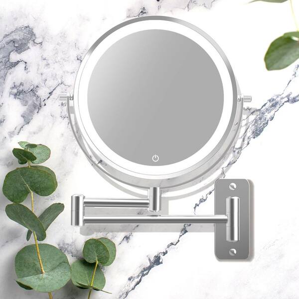 8 in. W x 8 in. H Round LED Vanity Mirror with 3-Color Wall Mounted Bathroom Makeup Mirror 1X/7X Magnification in Chrome