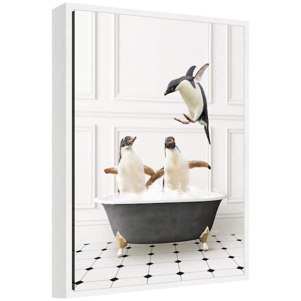 Sylvie "Penguins in Classic Black and White Bath" by Amy Peterson Animals Framed Art Print 24 in. x 18 in.