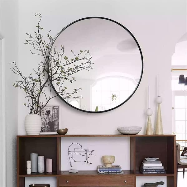 30 in. W x 30 in. H Round Aluminum Framed Wall Bathroom Vanity Mirror in Black