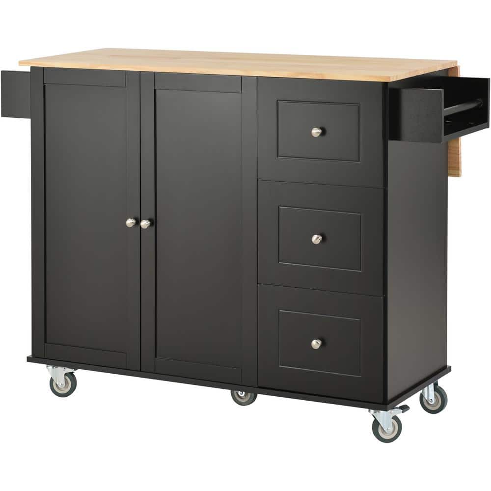 Black Rubber Wood 53 in. Kitchen Island with Drop Leaf, Spice Rack, Towel R