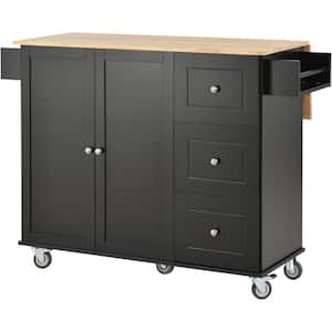 Black Rubber Wood 53 in. Kitchen Island with Drop Leaf, Spice Rack, Towel Rack and Drawer