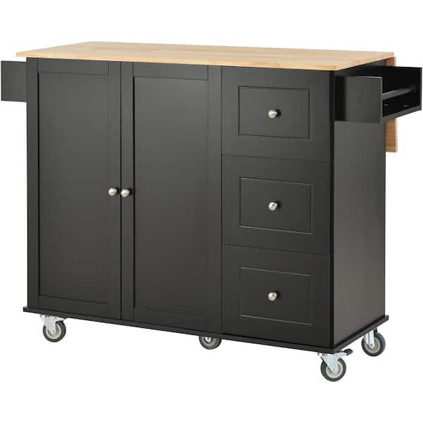 Unbranded Black Rubber Wood 53 in. Kitchen Island with Drop Leaf, Spice Rack, Towel Rack and Drawer