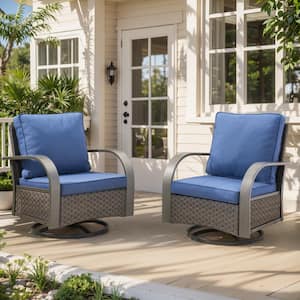 Brown Swivel Glider Wicker Outdoor Rocking Chair with Blue Cushions and Curved Metal Armrest (2-Pack)