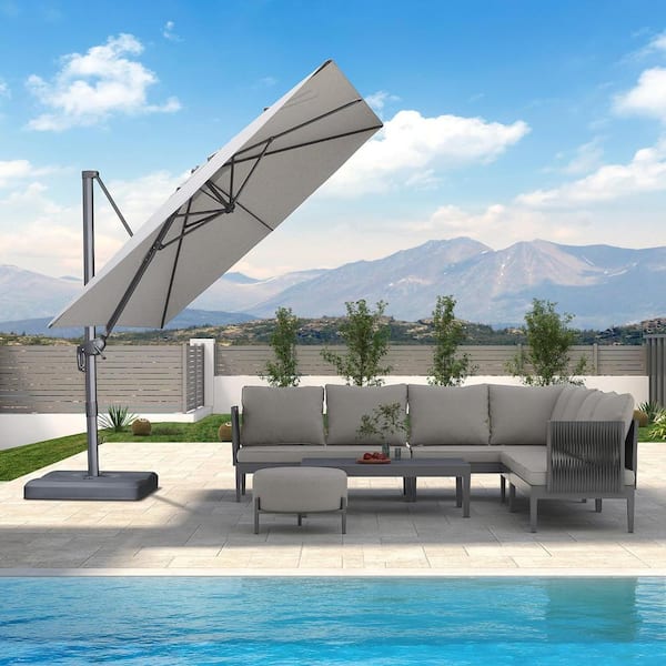 PURPLE LEAF 9 ft. Square Outdoor Patio Cantilever Umbrella Aluminum Offset 360° Rotation Umbrella with Base, Light Gray